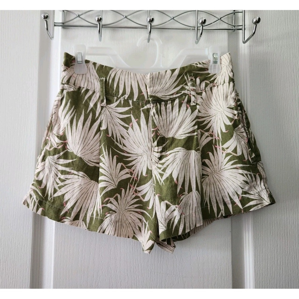 Tahari Linen Shorts Women Summer Tropical Leaf Palm Tree Beach Ocean Sea Size S